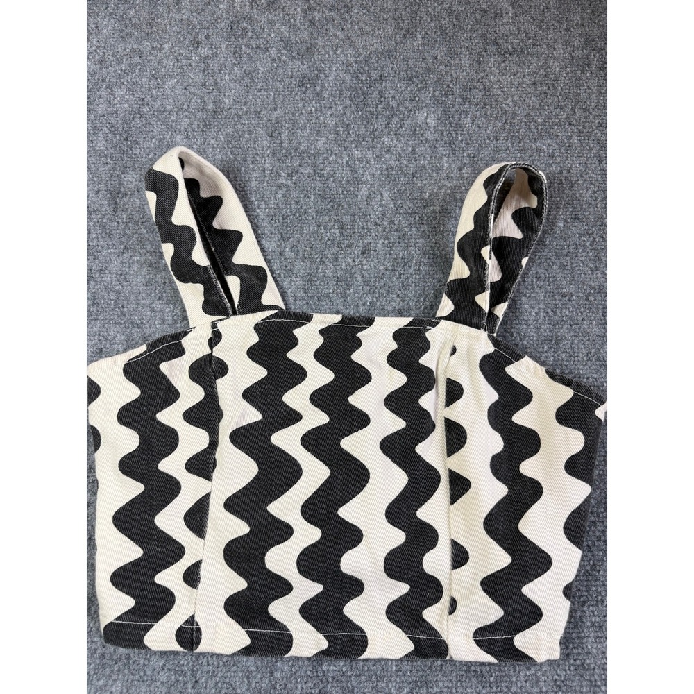 Cider Black White Wavy Chevron Denim Crop Top Small Back Zip Sleeveless Tank